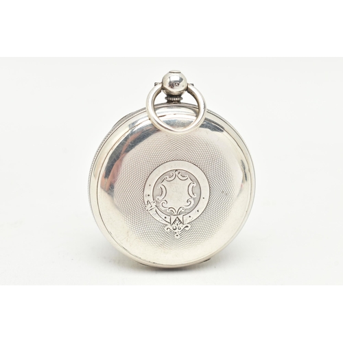 80 - A LATE VICTORIAN SILVER OPEN FACE KEY WOUND POCKET WATCH, the white enamel dial, with black Roman nu... 