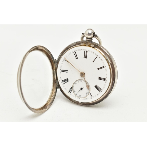 80 - A LATE VICTORIAN SILVER OPEN FACE KEY WOUND POCKET WATCH, the white enamel dial, with black Roman nu... 