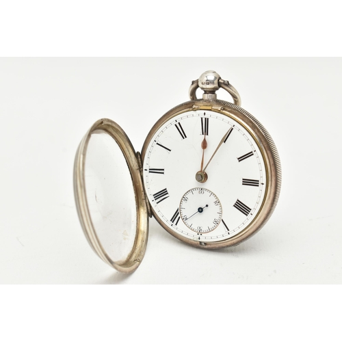 81 - A LATE VICTORIAN SILVER OPEN FACE KEY WOUND POCKET WATCH, the white enamel dial, with black Roman nu... 