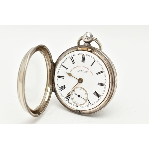 82 - A LATE VICTORIAN SILVER OPEN FACE KEY WOUND POCKET WATCH, the white enamel dial, with black Roman nu... 