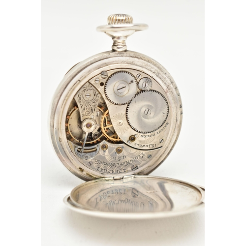 83 - A 1920s SILVER OPEN FACE ELGIN TOP WOUND POCKET WATCH, the white enamel dial, with black hourly appl... 