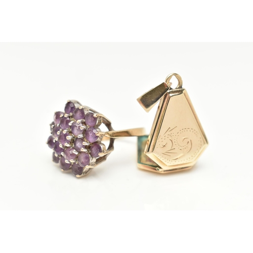 84 - A 9CT YELLOW GOLD AMETHYST RING AND A BACK AND FRONT LOCKET, the ring designed as a hexagonal shape ... 