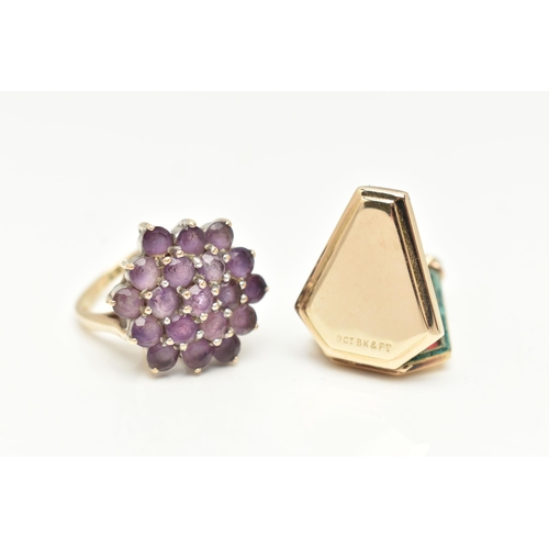 84 - A 9CT YELLOW GOLD AMETHYST RING AND A BACK AND FRONT LOCKET, the ring designed as a hexagonal shape ... 