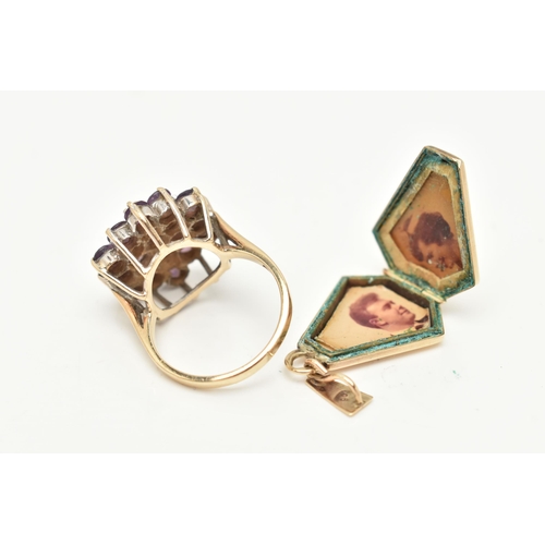 84 - A 9CT YELLOW GOLD AMETHYST RING AND A BACK AND FRONT LOCKET, the ring designed as a hexagonal shape ... 