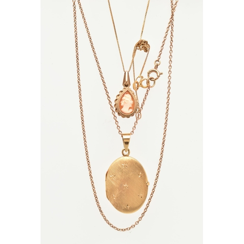 90 - TWO PENDANT WITH CHAINS, to include a 9ct gold shell cameo pendant depicting a lady in profile, with... 