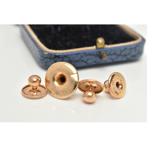 91 - AN EARLY 20TH CENTURY YELLOW METAL DRESS STUD SET WITH FITTED CASE, to include one large dress stud ... 