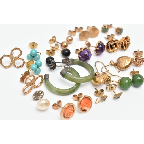 94 - A SELECTION OF YELLOW METAL, WHITE METAL, 9CT GOLD, GEM-SET AND PASTE EARRINGS, to include eight pai... 