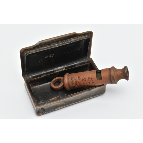 96 - A WHISTLE AND A SNUFF BOX, the whistle stamped 'J. Hudson & Co. 13 Barr St. Birmingham 1913 Hudson's... 