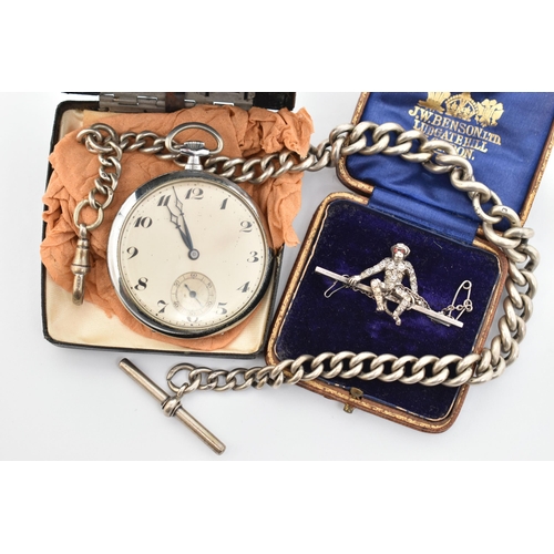 99 - A SILVER ALBERT CHAIN, A POCKET WATCH AND A BROOCH, the heavy graduated Albert chain, links stamped ... 