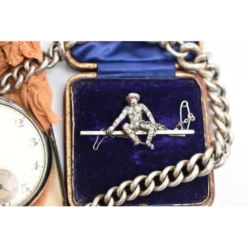 99 - A SILVER ALBERT CHAIN, A POCKET WATCH AND A BROOCH, the heavy graduated Albert chain, links stamped ... 