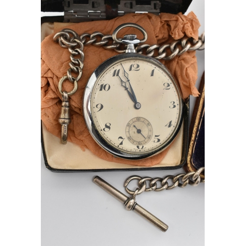 99 - A SILVER ALBERT CHAIN, A POCKET WATCH AND A BROOCH, the heavy graduated Albert chain, links stamped ... 