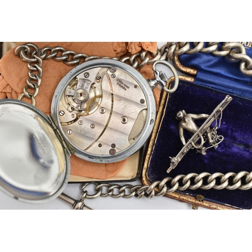 99 - A SILVER ALBERT CHAIN, A POCKET WATCH AND A BROOCH, the heavy graduated Albert chain, links stamped ... 