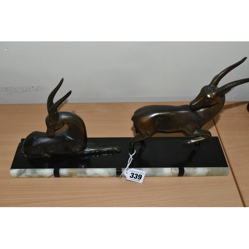 339 - AN ART DECO FIGURE GROUP, of two bronzed deer on a marble base, height 21cm x length 39.5cm x depth ... 