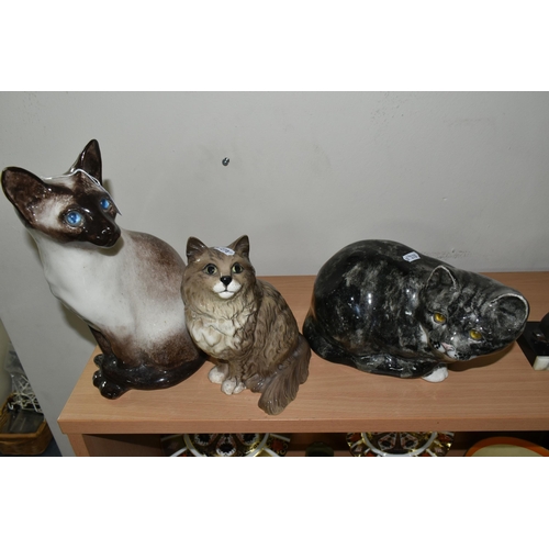 340 - THREE CERAMIC CAT FIGURES, comprising a Winstanley seated Siamese cat, size 6, blue glass eyes, pain... 