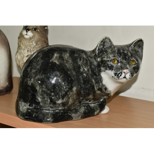 340 - THREE CERAMIC CAT FIGURES, comprising a Winstanley seated Siamese cat, size 6, blue glass eyes, pain... 