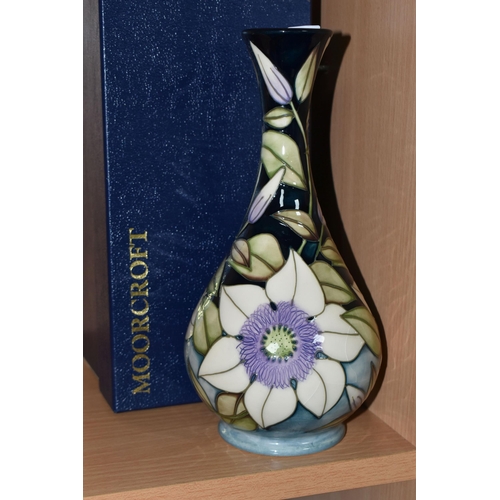 341 - A BOXED MOORCROFT POTTERY 'SOPHIE CHRISTINA' VASE, with elongated neck, tube lined with cream and li... 