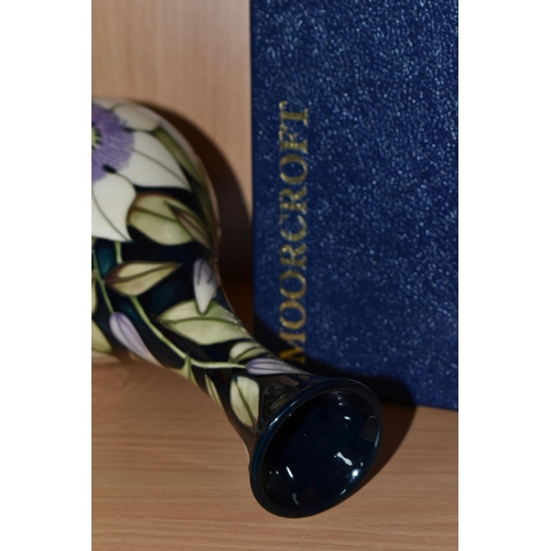 341 - A BOXED MOORCROFT POTTERY 'SOPHIE CHRISTINA' VASE, with elongated neck, tube lined with cream and li... 