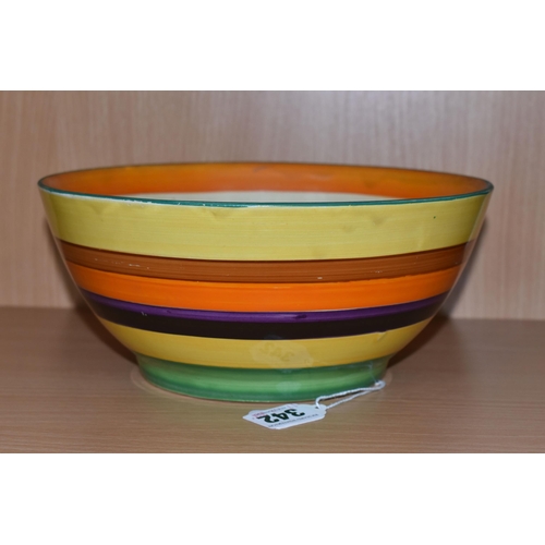 342 - A CLARICE CLIFF 'LIBERTY STRIPE' BOWL, painted with yellow, ochre, orange, purple, dark brown and gr... 