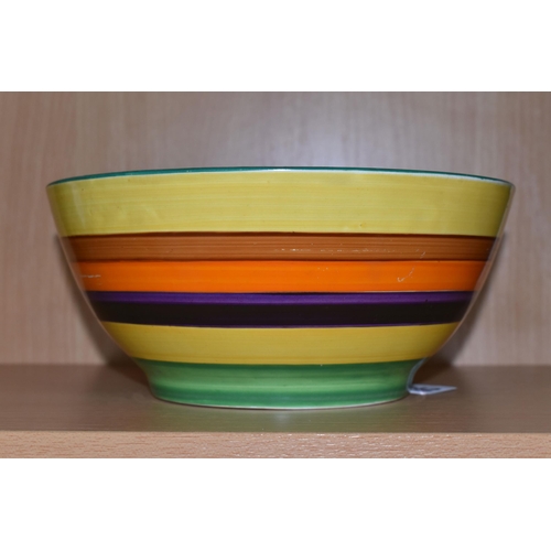 342 - A CLARICE CLIFF 'LIBERTY STRIPE' BOWL, painted with yellow, ochre, orange, purple, dark brown and gr... 