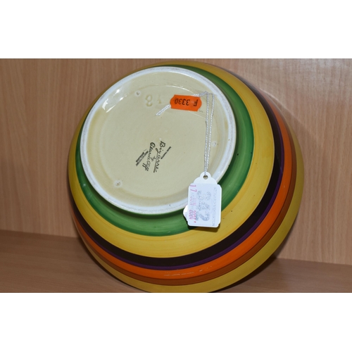 342 - A CLARICE CLIFF 'LIBERTY STRIPE' BOWL, painted with yellow, ochre, orange, purple, dark brown and gr... 