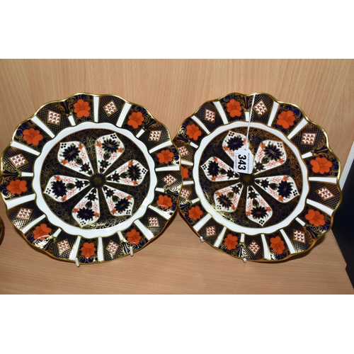 343 - TWO ROYAL CROWN DERBY IMARI 1128 SCALLOPED EDGED PLATES, diameter 22cm (2) (Condition Report: both a... 