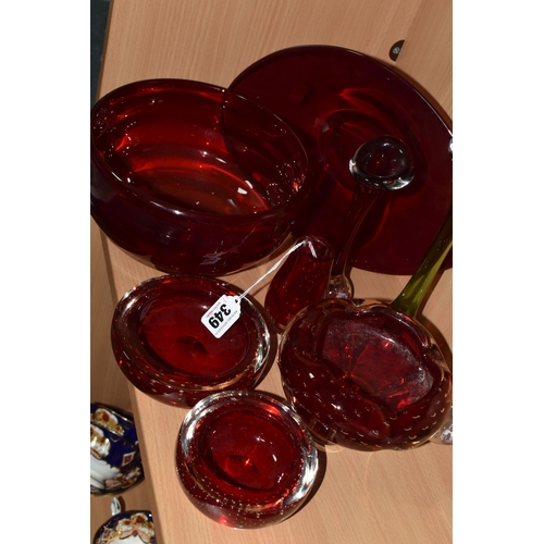 349 - A GROUP OF GLASSWARE, comprising a Whitefriars ruby cased Molar bowl of lobed form, with controlled ... 