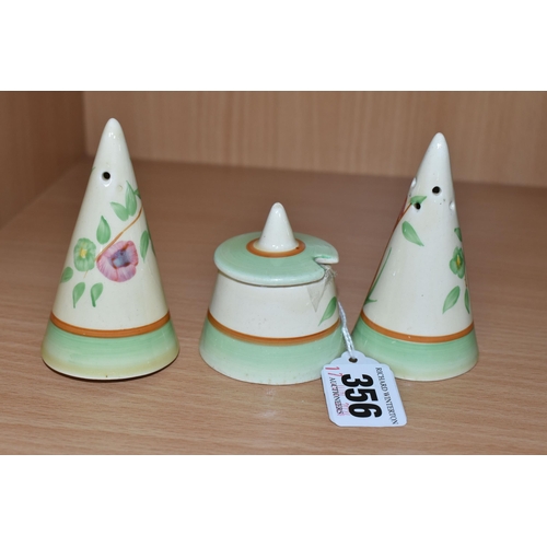 356 - A CLARICE CLIFF CONICAL CRUET SET, painted with tan trees of pink and green flowers, with green and ... 