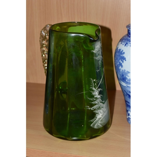 359 - A GROUP OF ORIENTAL AND OTHER CERAMICS AND A GLASS JUG, comprising a green Mary Gregory style glass ... 