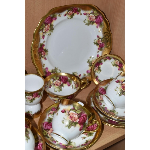 360 - A TWENTY FIVE PIECE ROYAL CHELSEA 'GOLDEN ROSE' TEA SET, comprising a cake plate, a sugar bowl, a pr... 