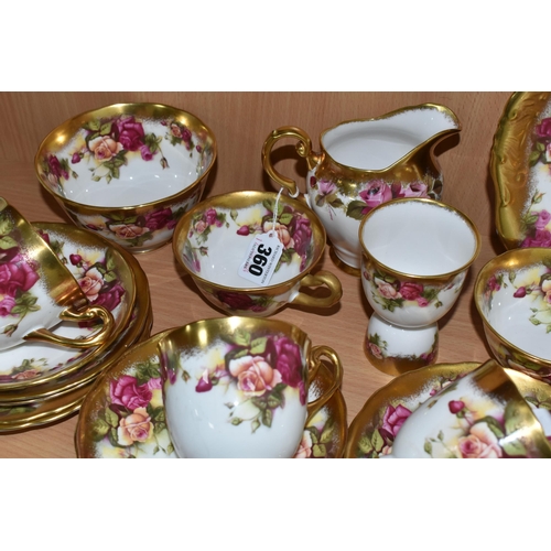 360 - A TWENTY FIVE PIECE ROYAL CHELSEA 'GOLDEN ROSE' TEA SET, comprising a cake plate, a sugar bowl, a pr... 