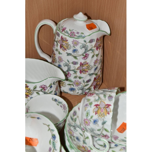 363 - A TWENTY FOUR PIECE MINTON HADDON HALL TEA SET, comprising a teapot, a hot water jug, a cream jug, t... 