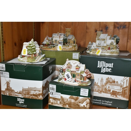 366 - FOUR BOXED LILLIPUT LANE ILLUMINATED COTTAGES COLLECTION SNOW COTTAGES, comprising 'Christmas Lights... 