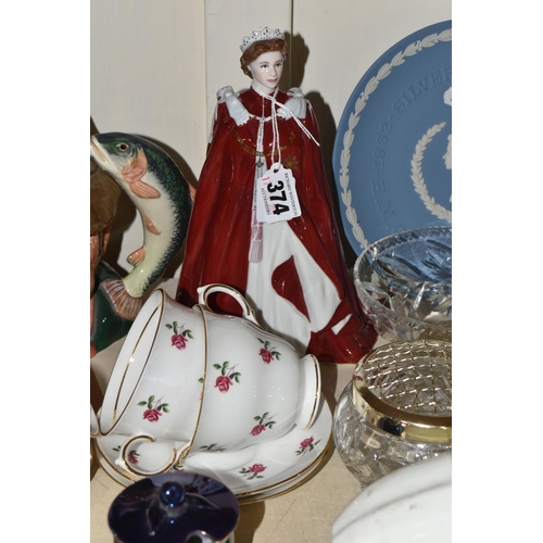 374 - A GROUP OF CERAMICS AND GLASS WARE, to include a Royal Worcester figure of HM Queen Elizabeth II to ... 