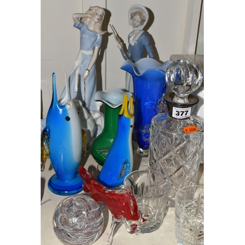 377 - A GROUP OF CERAMICS AND GLASS WARE, to include two figurines: Royal Doulton Reflections 'Spring Walk... 