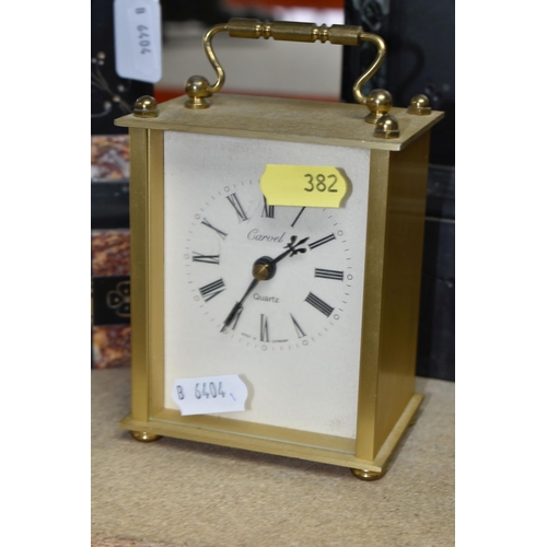 382 - TWO SLATE MANTEL CLOCKS AND A CARRIAGE CLOCK to include one French style slate mantel clock with dar... 