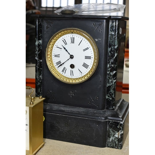 382 - TWO SLATE MANTEL CLOCKS AND A CARRIAGE CLOCK to include one French style slate mantel clock with dar... 