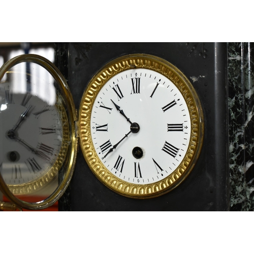 382 - TWO SLATE MANTEL CLOCKS AND A CARRIAGE CLOCK to include one French style slate mantel clock with dar... 