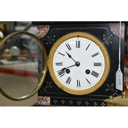 382 - TWO SLATE MANTEL CLOCKS AND A CARRIAGE CLOCK to include one French style slate mantel clock with dar... 