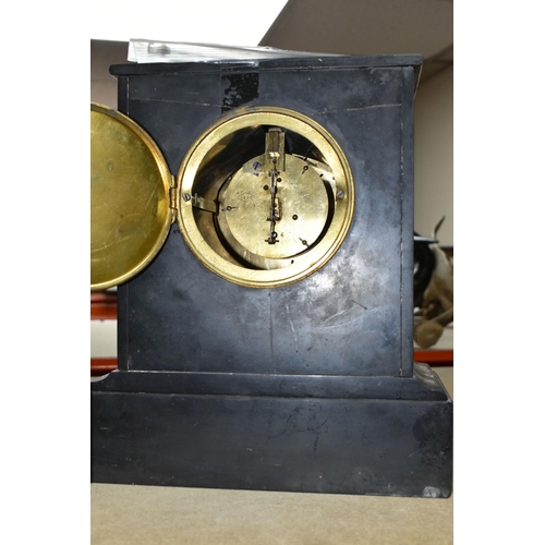 382 - TWO SLATE MANTEL CLOCKS AND A CARRIAGE CLOCK to include one French style slate mantel clock with dar... 