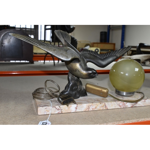 383 - A FRENCH STYLE ART DECO SPELTER SWALLOW LAMP to include a 31cm length x 20 cm height marble base wit... 