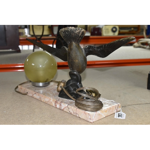 383 - A FRENCH STYLE ART DECO SPELTER SWALLOW LAMP to include a 31cm length x 20 cm height marble base wit... 