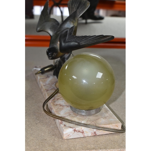 383 - A FRENCH STYLE ART DECO SPELTER SWALLOW LAMP to include a 31cm length x 20 cm height marble base wit... 