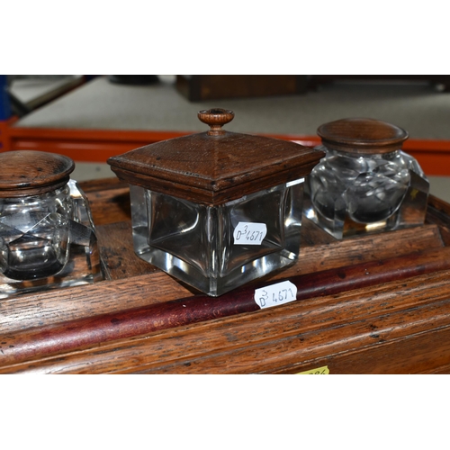 384 - THREE PIECES OF VINTAGE DESKWARE to include a 19th century rosewood desk stand with two rounded glas... 