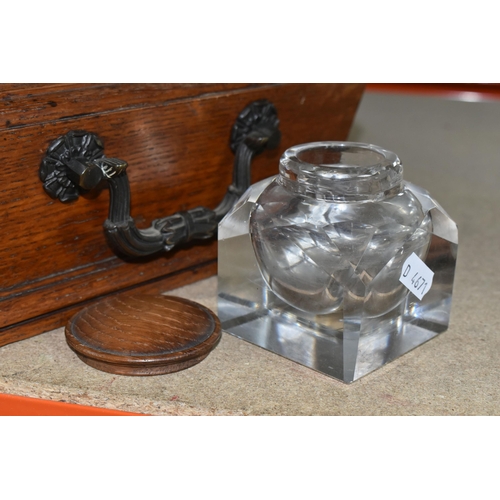 384 - THREE PIECES OF VINTAGE DESKWARE to include a 19th century rosewood desk stand with two rounded glas... 