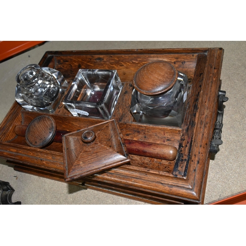 384 - THREE PIECES OF VINTAGE DESKWARE to include a 19th century rosewood desk stand with two rounded glas... 