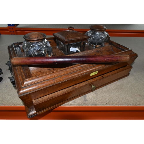 384 - THREE PIECES OF VINTAGE DESKWARE to include a 19th century rosewood desk stand with two rounded glas... 