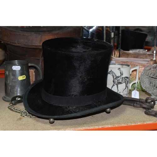 385 - A SELECTION OF VINTAGE TACK, A TOP HAT, AND HOMEWARE to include a 'Christy's Victorian 'Felt Band' t... 