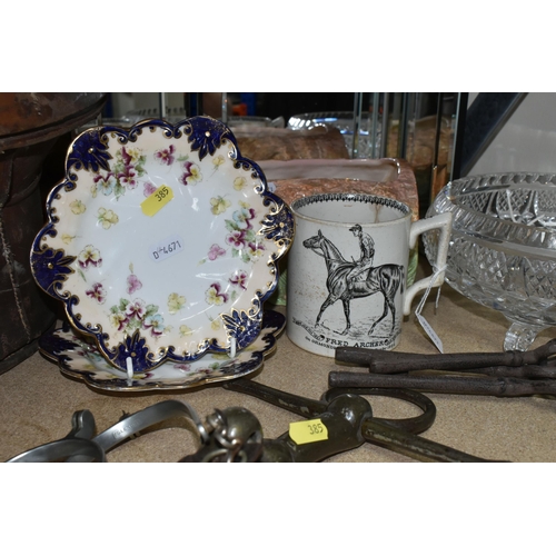 385 - A SELECTION OF VINTAGE TACK, A TOP HAT, AND HOMEWARE to include a 'Christy's Victorian 'Felt Band' t... 