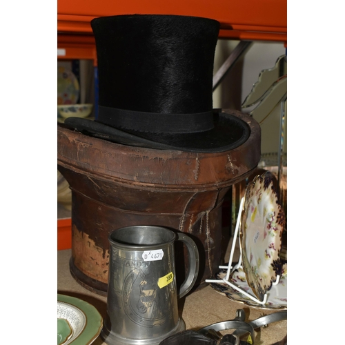 385 - A SELECTION OF VINTAGE TACK, A TOP HAT, AND HOMEWARE to include a 'Christy's Victorian 'Felt Band' t... 