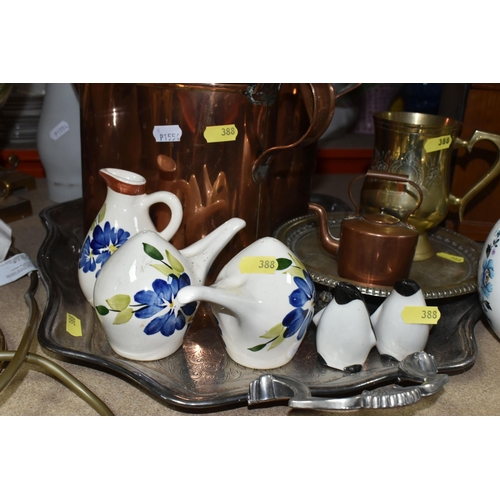 388 - A GROUP OF LAMPS, CERAMICS, AND METALWARE to include a Sadler ginger jar, Lomonosov salt and pepper ... 